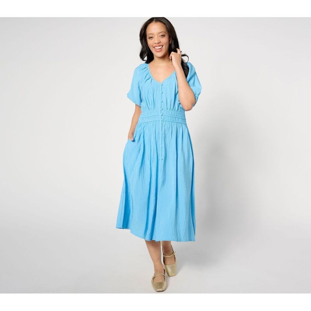 Destination 365 Women's Dress Sz L V-Neck Button Front Midi Blue A637785